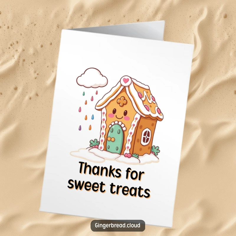 Cheerful Free Printable Thank You Card: A happy gingerbread house with icing enjoys a candy downpour from a cloud.