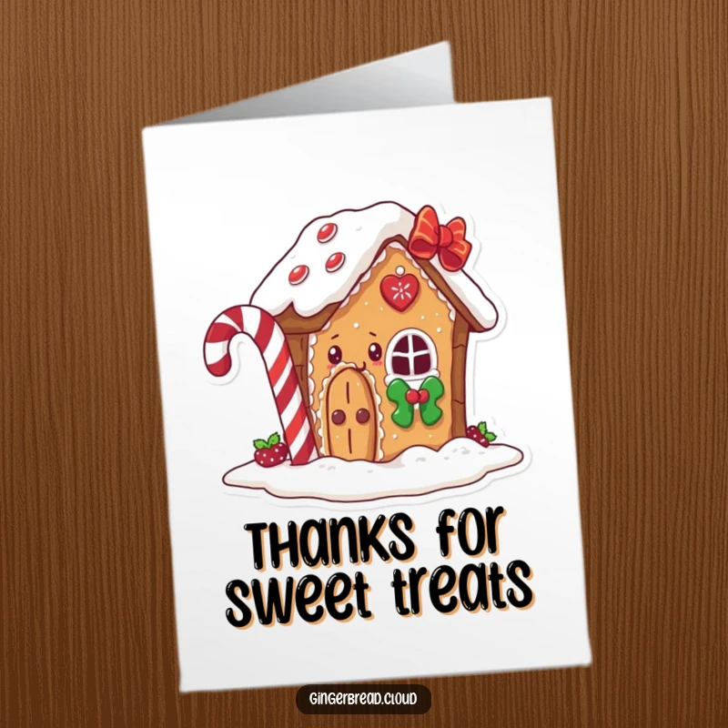 Funny Free Printable Thank You Card featuring a gingerbread house character peeking curiously from behind a candy cane.