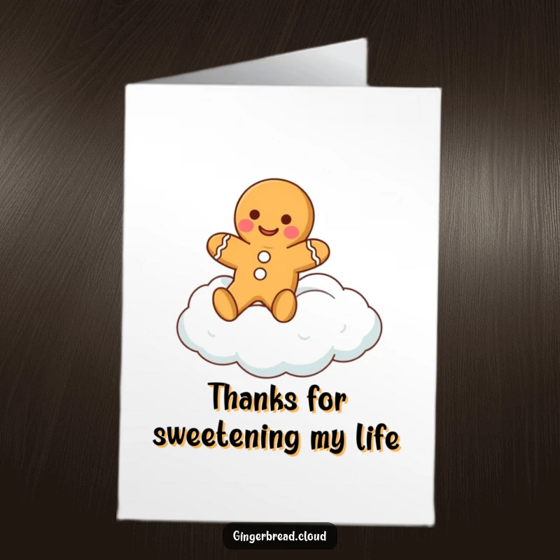Funny Free Printable Thank You Card with a cheerful gingerbread cookie character peacefully floating on a cloud, conveying warm thanks.