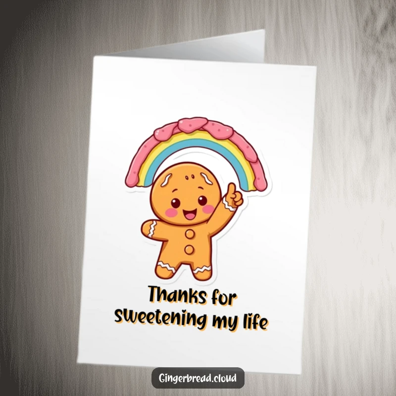 Sweet Free Printable Thank You Card: Gingerbread character excitedly pointing at a vibrant rainbow made of icing, conveying sincere thanks with a cheerful gesture.