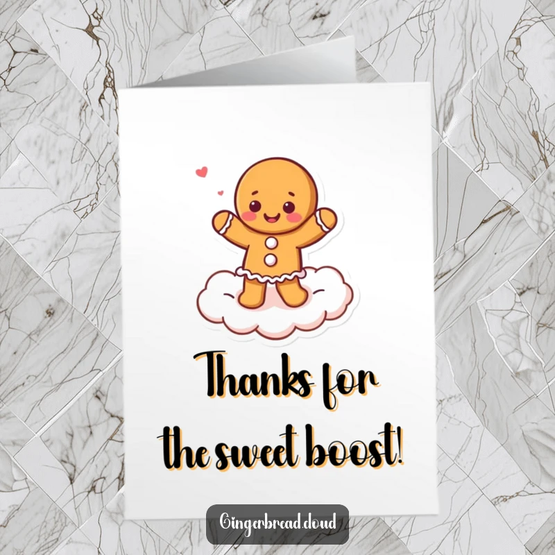 Funny Free Printable Thank You card: A joyful gingerbread character dancing on a cloud, expressing thanks with delightful charm.