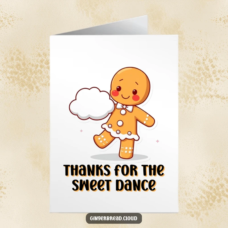 Cheerful Free Printable Thank You Card: Gingerbread character happily dancing with a fluffy cloud partner, expressing warm gratitude with a joyful sway.