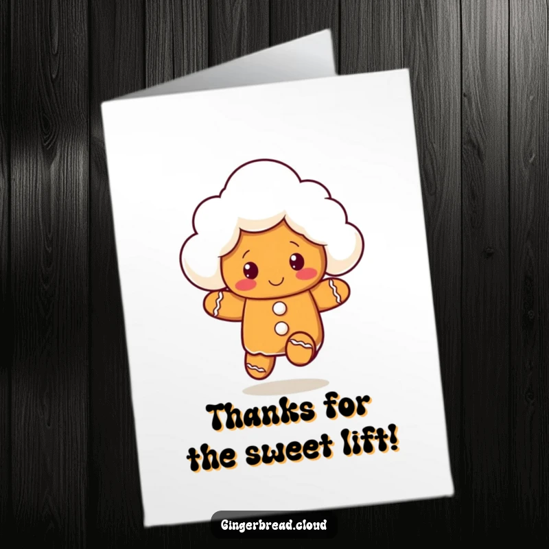 Funny Free Printable Thank You Card: A gingerbread cloud character bouncing playfully to express thanks.