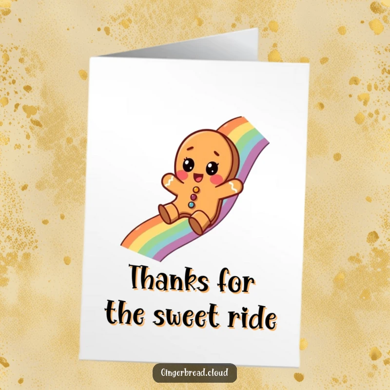 Funny Free Printable Thank You Card: A surprised gingerbread cookie happily sliding down a rainbow, a whimsical thank you.