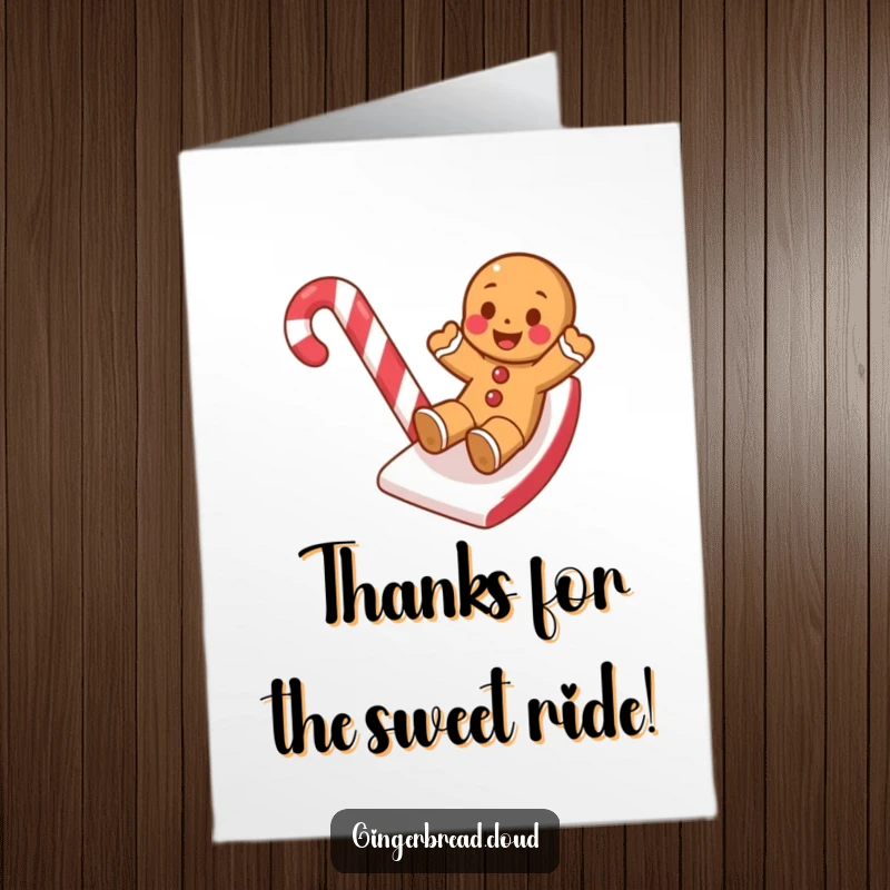 Funny Free Printable Thank You Card: Gingerbread cookie sliding down a candy cane, expressing gratitude.