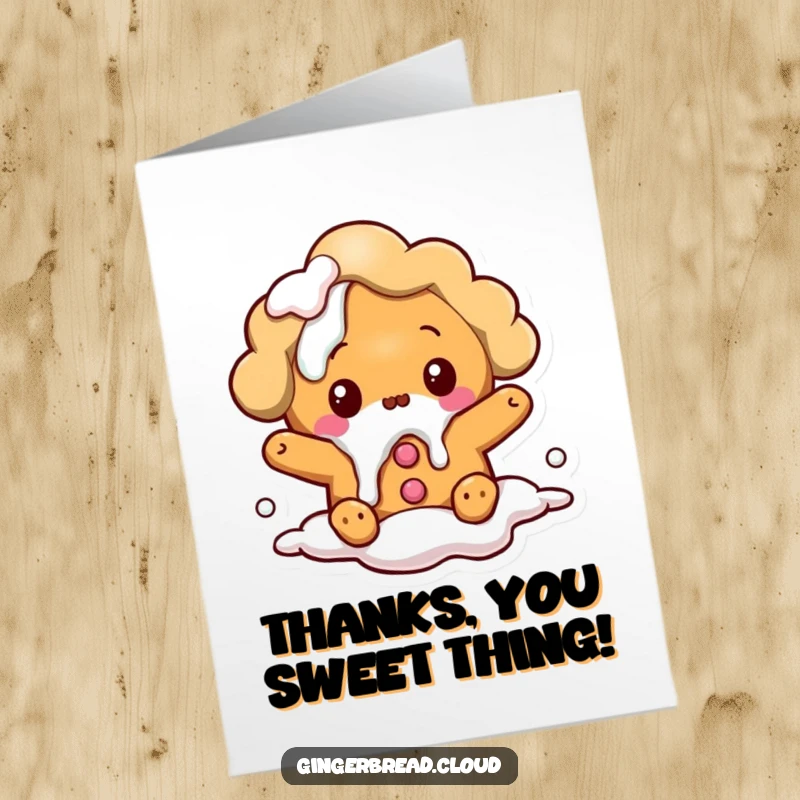 Funny Free Printable Thank You Card of a surprised cloud gingerbread character accidentally spilling icing.