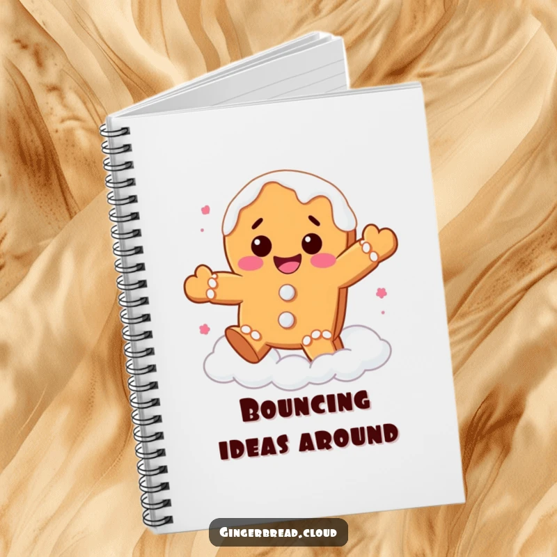 Funny gingerbread cookie notebook with a joyful character bouncing on clouds, perfect for jotting down sweet thoughts and creative ideas.