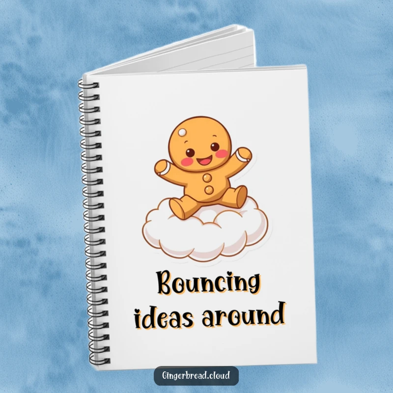 Funny gingerbread character bouncing on a soft cloud, on the cover of a lined notebook.