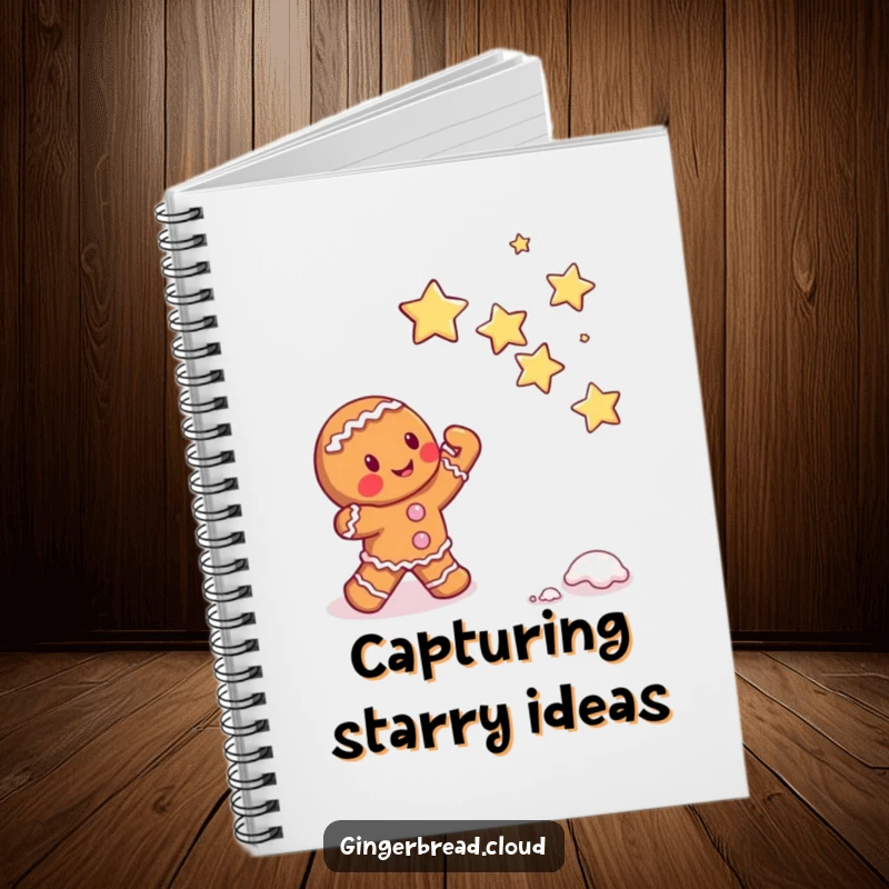 Funny gingerbread character attempting to catch falling sugar stars, whimsical notebook, sweet and inspiring cover design.