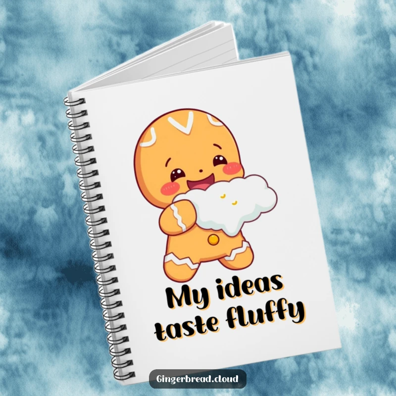 Cheerful gingerbread character taking a huge bite out of a fluffy cloud, on a notebook cover for joyful writing and planning.