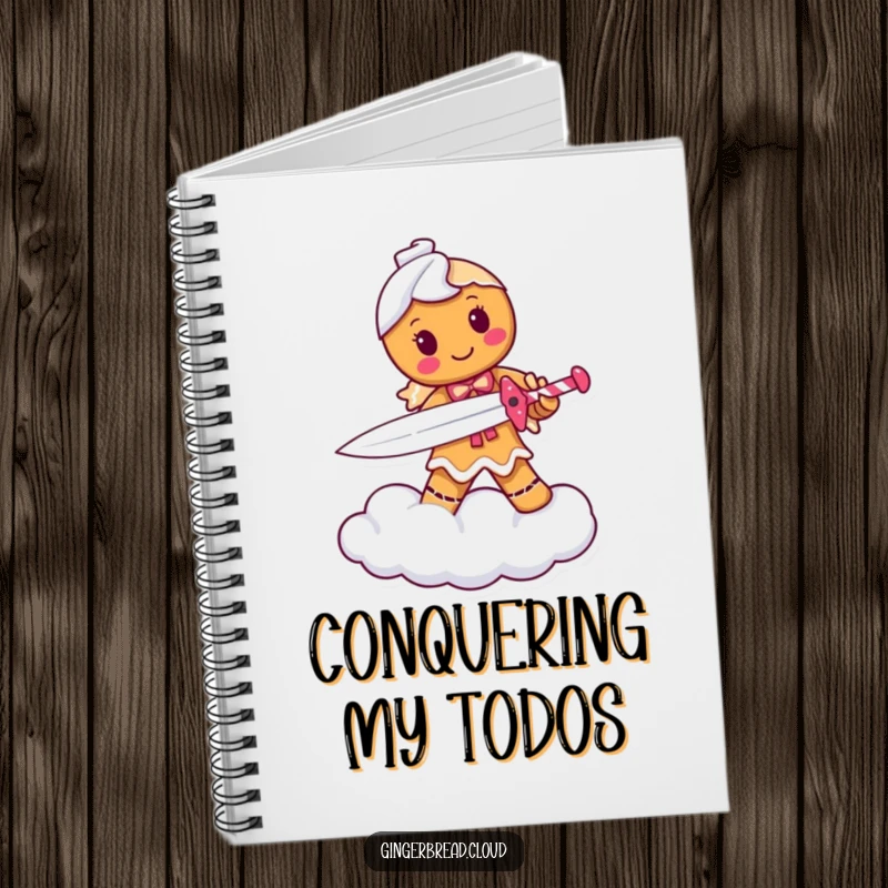 Funny notebook cover with a determined gingerbread person warrior holding a candy cane sword, standing on a cloud, ready to scribe.