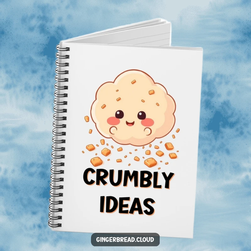 Funny Notebook with a cloud scattering happy gingerbread cookie crumbs like rain, designed for notes and ideas with a whimsical baking theme.