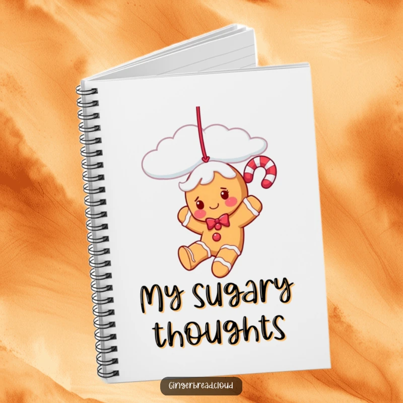 Funny gingerbread candy cane character swinging from a cloud, featured on the cover of a notebook for holiday planning.