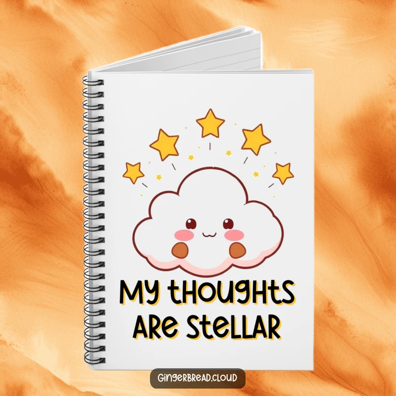 Funny notebook cover with a smiling gingerbread cloud blowing little stars. Ideal for journaling and note-taking.