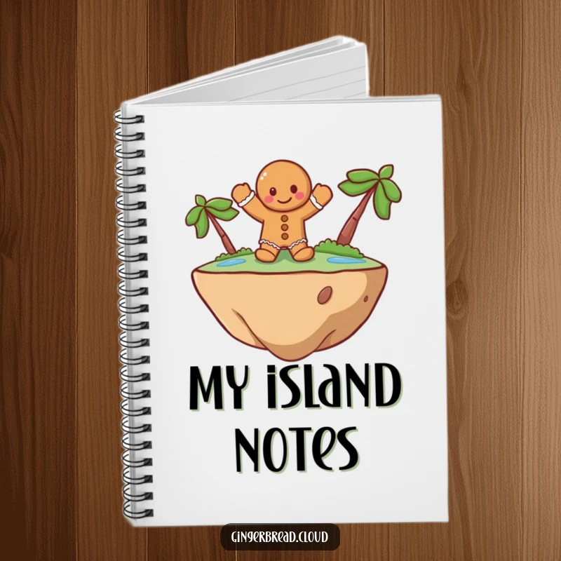 Funny Notebook with a cheerful gingerbread man waving from a floating island, designed for notes and ideas with a whimsical fantasy theme.