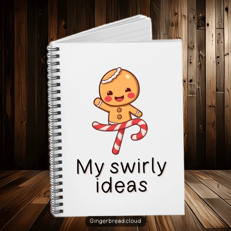Funny gingerbread character with a wide smile balancing on a swirling candy cane, festive notebook, sweet and inspiring cover design.