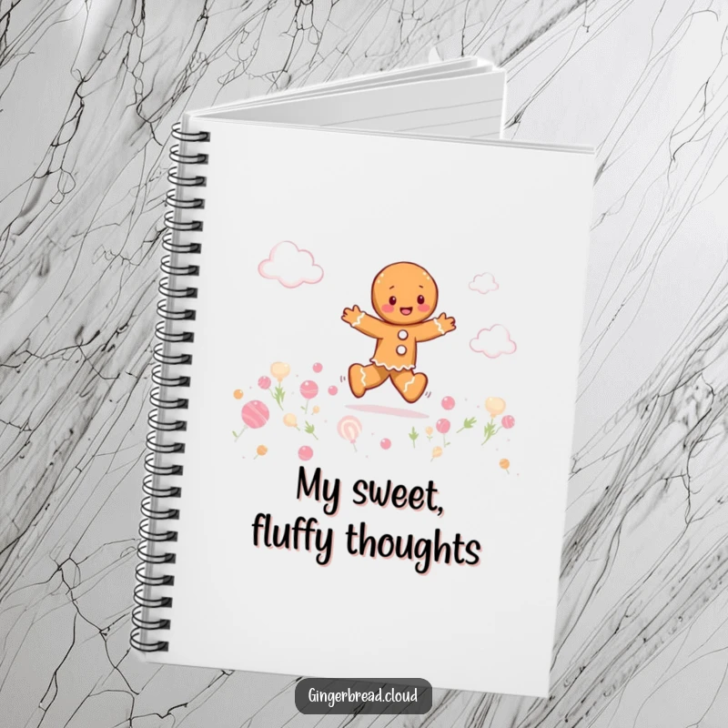 Funny gingerbread person playfully skipping through a field of candy clouds, whimsical notebook, sweet and inspiring cover design.