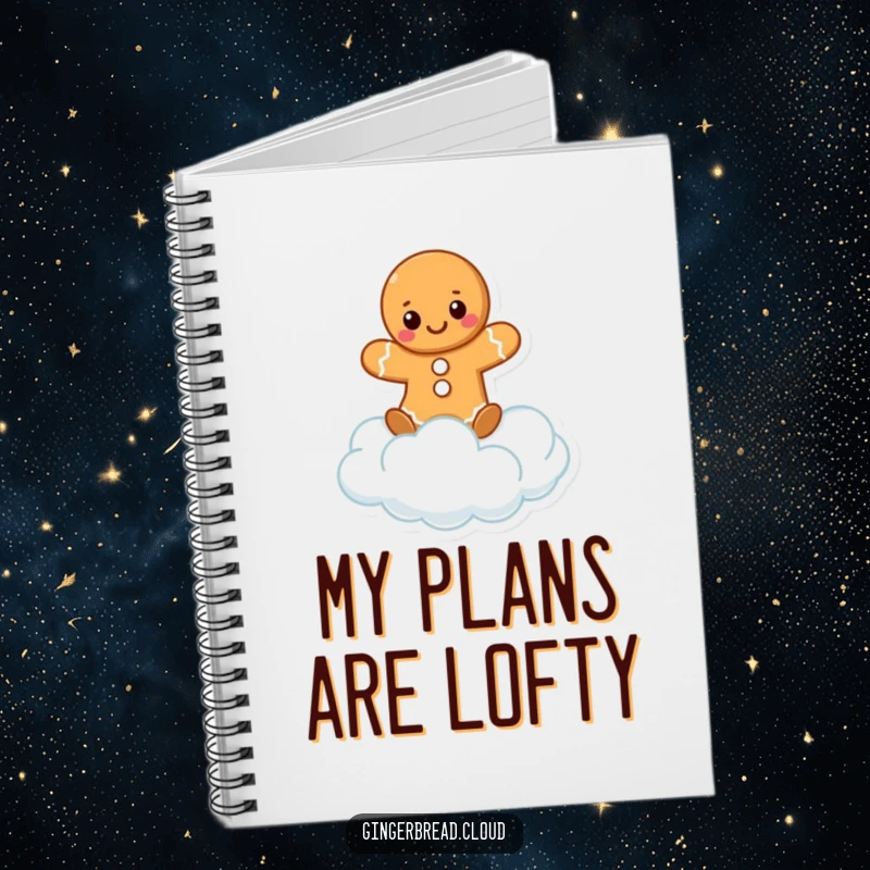 Funny notebook cover with a smiling gingerbread character balancing on a soft cloud puff. For notes and ideas.