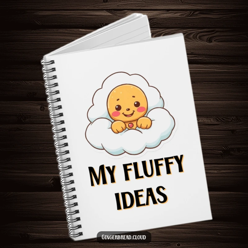 Funny notebook with a gingerbread cookie peeking from a cloud, a happy grin ready for your notes.