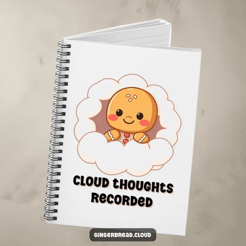 Funny gingerbread character notebook, peeking from a cloud hollow, whimsical and cute stationery, perfect funny gift for jotting notes.