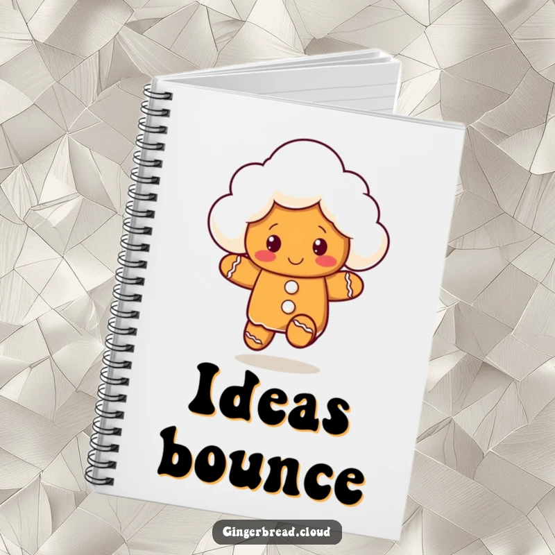 Funny notebook featuring a gingerbread cloud character in a playful bouncing pose, great for jotting down ideas.