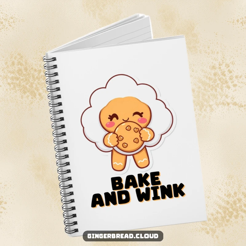 Funny notebook featuring a gingerbread cloud character winking and offering a cookie, perfect for jotting down ideas.