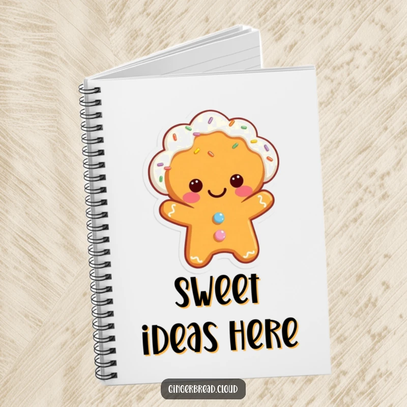 Funny notebook with a smiling gingerbread cloud character, ideal for note-taking, drawing, and capturing sweet ideas.