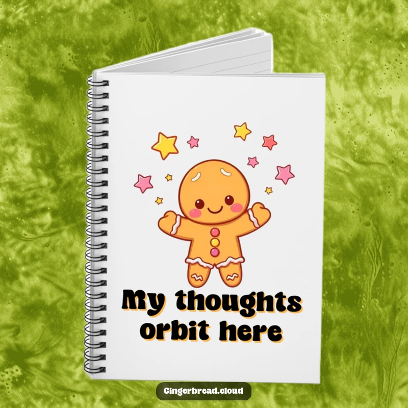 Funny notebook: A cheerful gingerbread cloud juggles glittering candy stars, encouraging creative writing and note-taking.