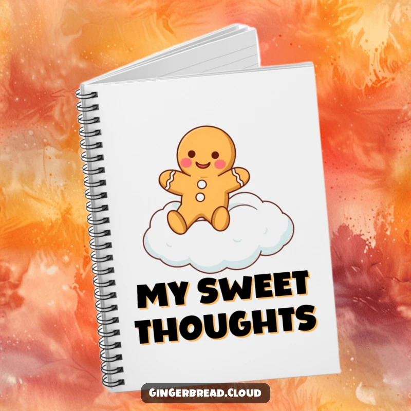 Funny gingerbread man notebook with a cover depicting a happy gingerbread cookie character floating on a cloud, for sweet note-taking.