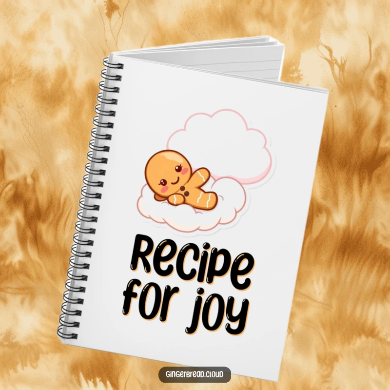 Funny gingerbread notebook with a cute character sliding down a fluffy cloud, perfect for sweet note-taking.