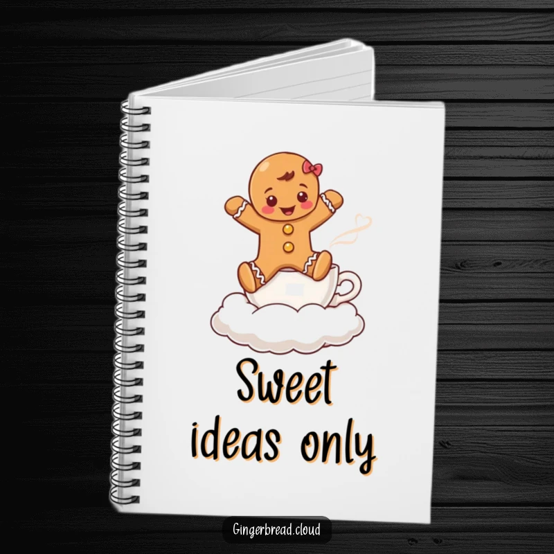 Funny notebook cover featuring a gingerbread boy jumping over a coffee cup cloud, designed for holiday notes and cheer.