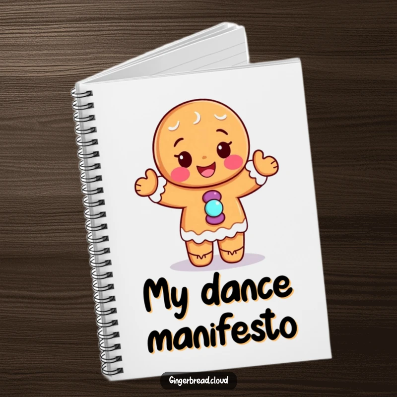 Funny notebook: A gingerbread dancer with candy buttons is ready to write, a fun companion for note-taking.