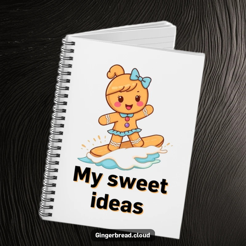 Funny gingerbread girl riding a frosting wave on this notebook cover, ideal for jotting down thoughts with a humorous and sweet flair.