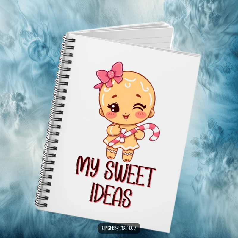A funny gingerbread girl winks holding a candy cane on the cover of a notebook, perfect for jotting down ideas.