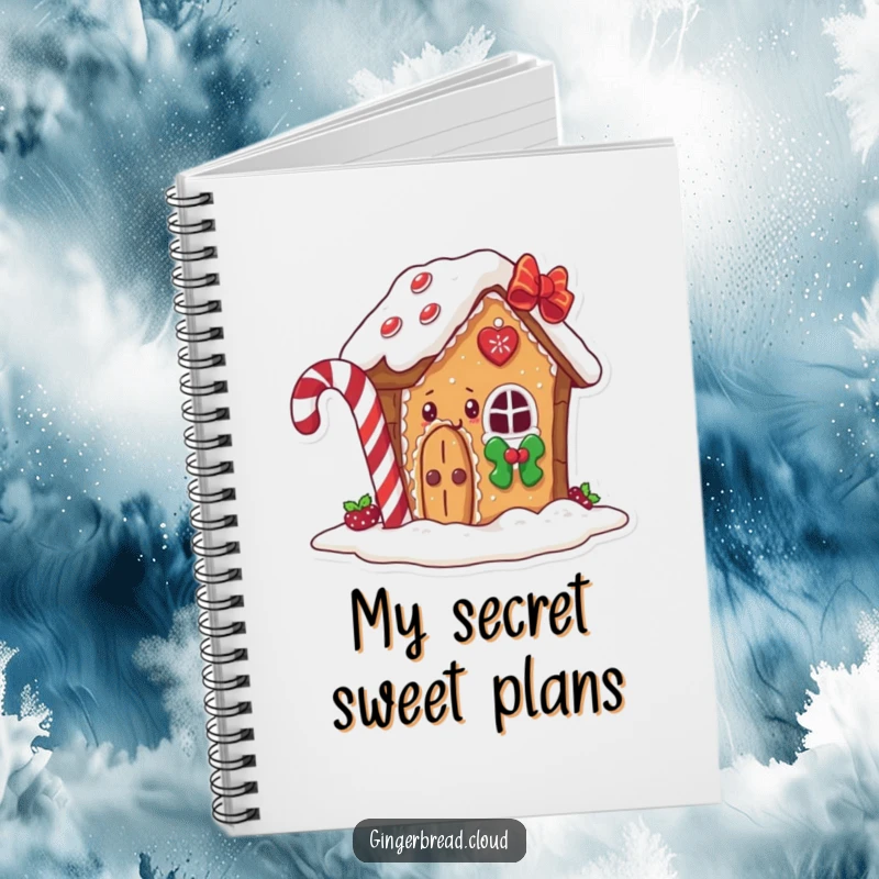 Funny gingerbread house notebook, a character peeking from behind a candy cane, ideal for notes and creative writing.