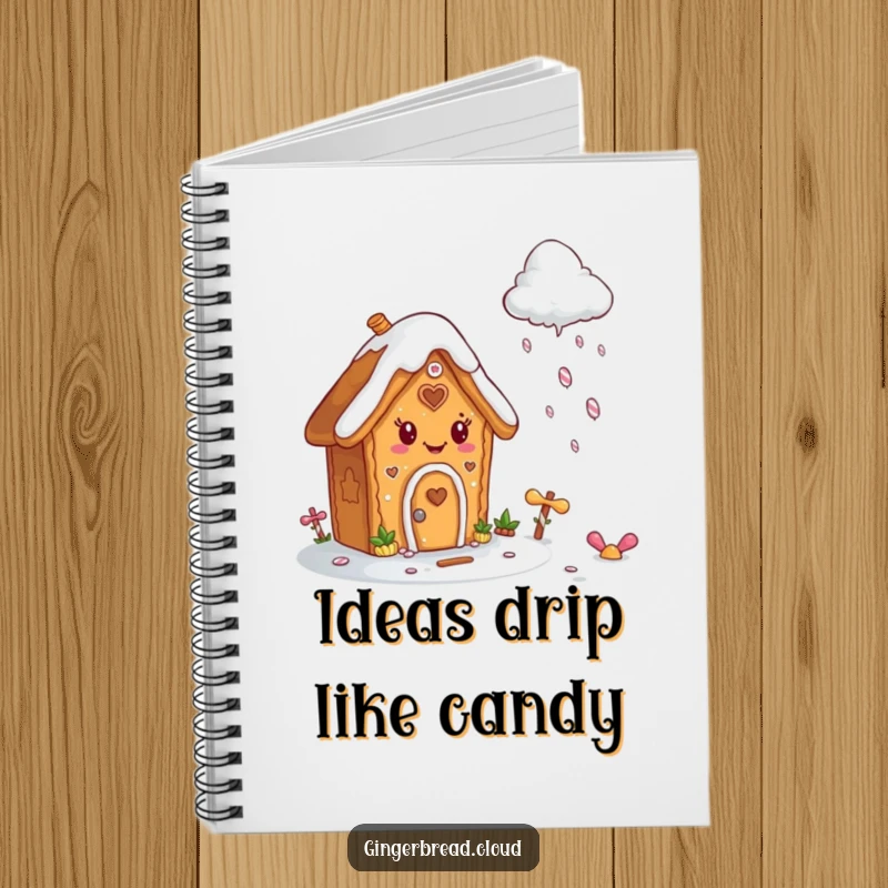Funny notebook adorned with a happy gingerbread house character with icing, inspired by candy rain.