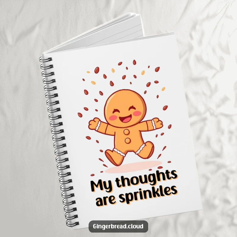 Funny gingerbread man notebook, a happy character leaping through chocolate sprinkles, perfect for notes and creative writing.