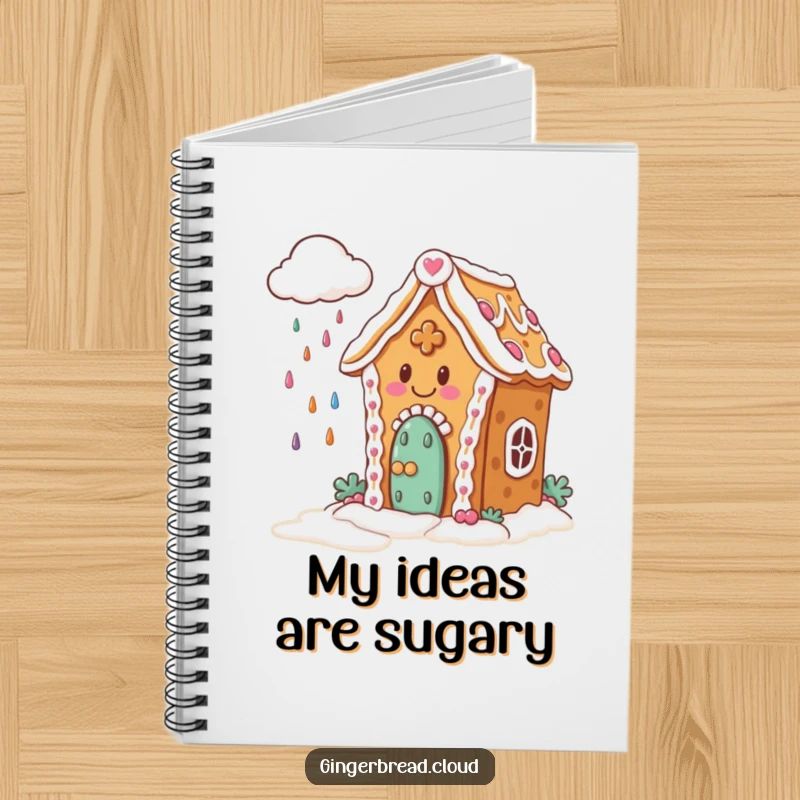 Funny Notebook: Lined pages featuring a happy gingerbread house with icing, watching a cloud rain colorful candies.