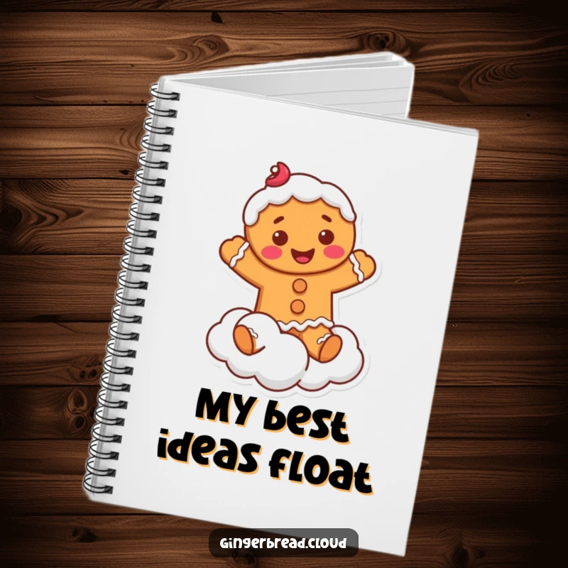 Funny Notebook: Lined pages featuring a smiling gingerbread man with frosting, playfully jumping on a fluffy cloud.