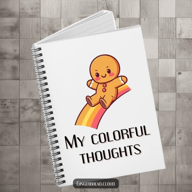 Funny gingerbread character sliding down a rainbow on the cover of a notebook. Ideal for jotting notes with a magical theme.