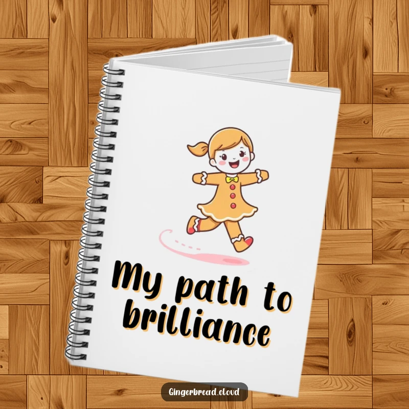 Funny gingerbread woman notebook, a character skipping, leaving a frosting trail, ideal for notes and creative writing.