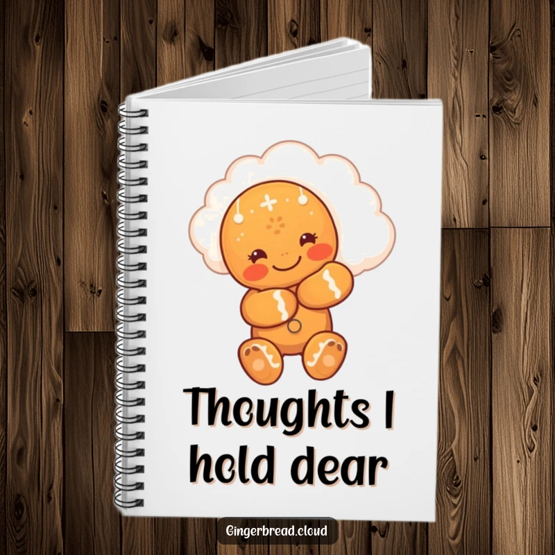 Funny notebook with a cute gingerbread man hugging a smiling cloud, ideal for writing down happy thoughts and dreams.
