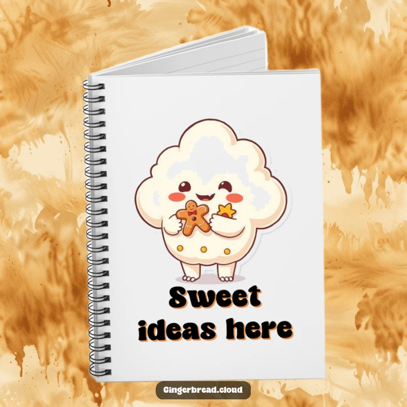 Funny Notebook with a friendly monster shaped cloud handing a gingerbread gift, designed for notes and ideas with a whimsical fantasy theme.
