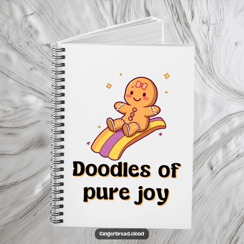 Funny notebook with a gingerbread character sliding happily down a rainbow, ideal for capturing creative thoughts and plans.