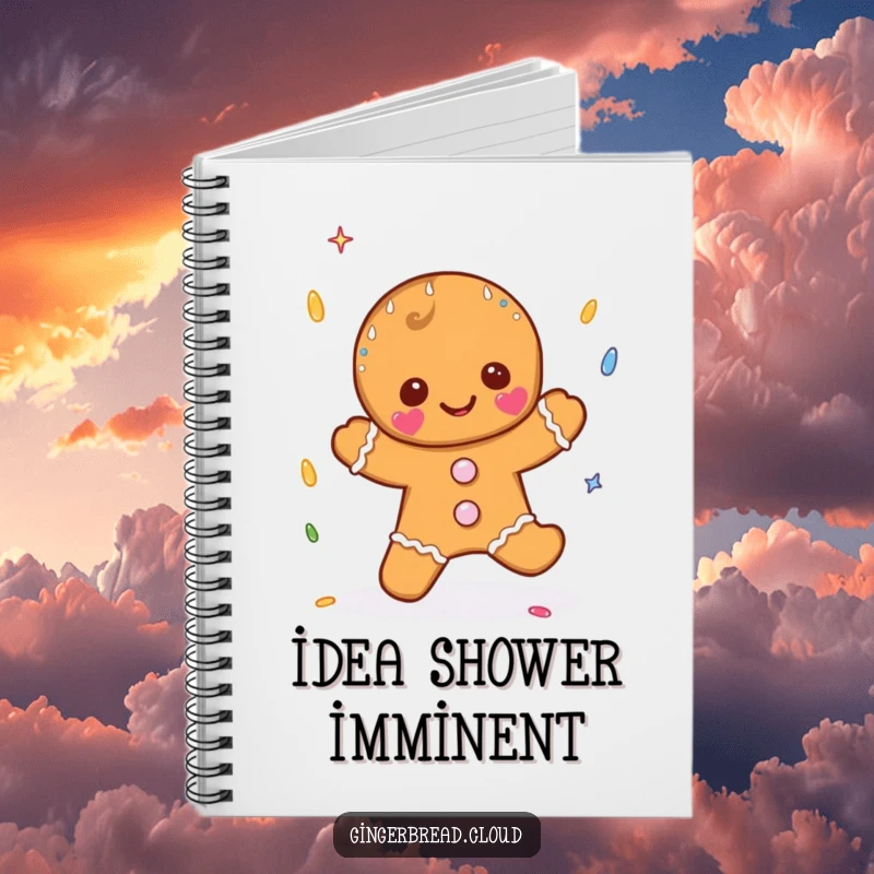 Funny notebook with a gingerbread character catching sprinkle-shaped raindrops, ideal for note-taking and capturing sweet ideas.