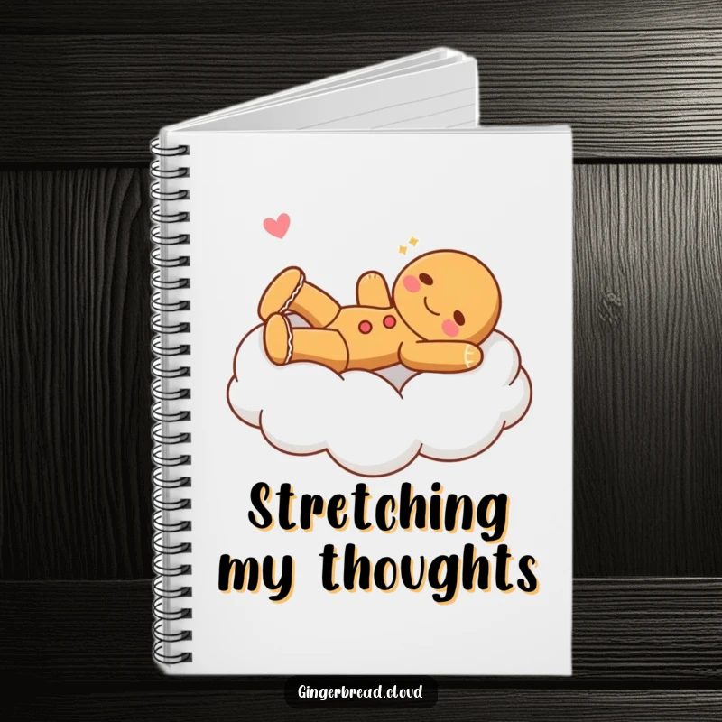 Funny gingerbread character stretching on a soft cloud bed, on the cover of a lined notebook.