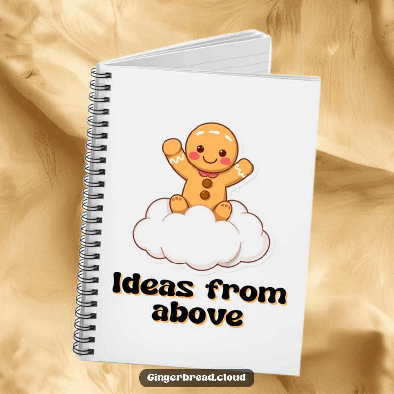 Funny notebook with a gingerbread person waving cheerfully from a cloud, ideal for taking notes with a positive attitude.