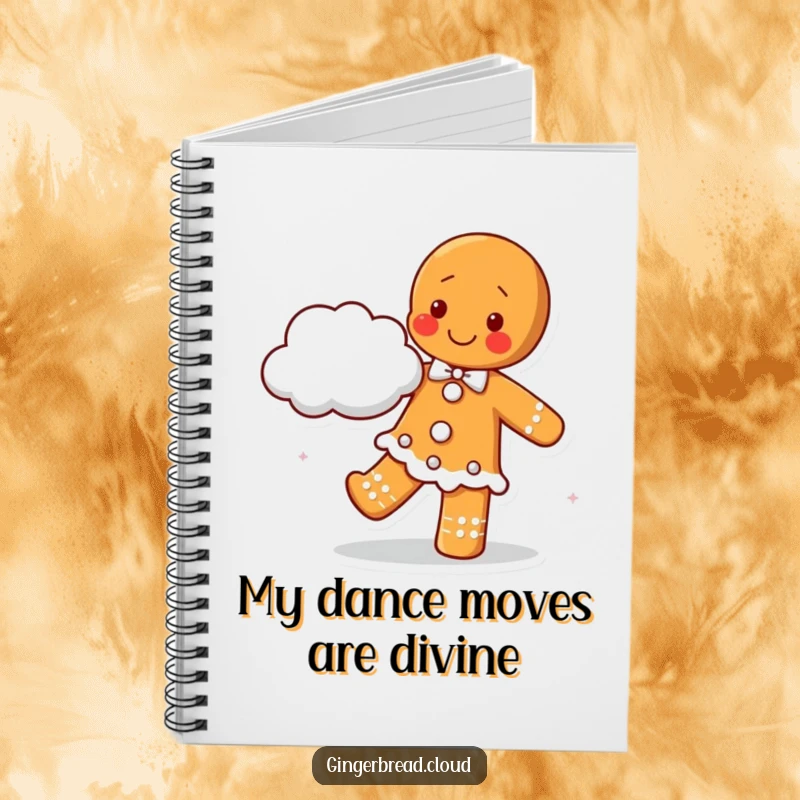 Happy gingerbread character dancing with a fluffy cloud partner, on a notebook cover for joyful writing and planning.
