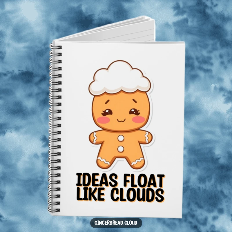 Funny gingerbread character with a comical expression, wearing a tiny cloud hat, on a notebook cover for funny writing.