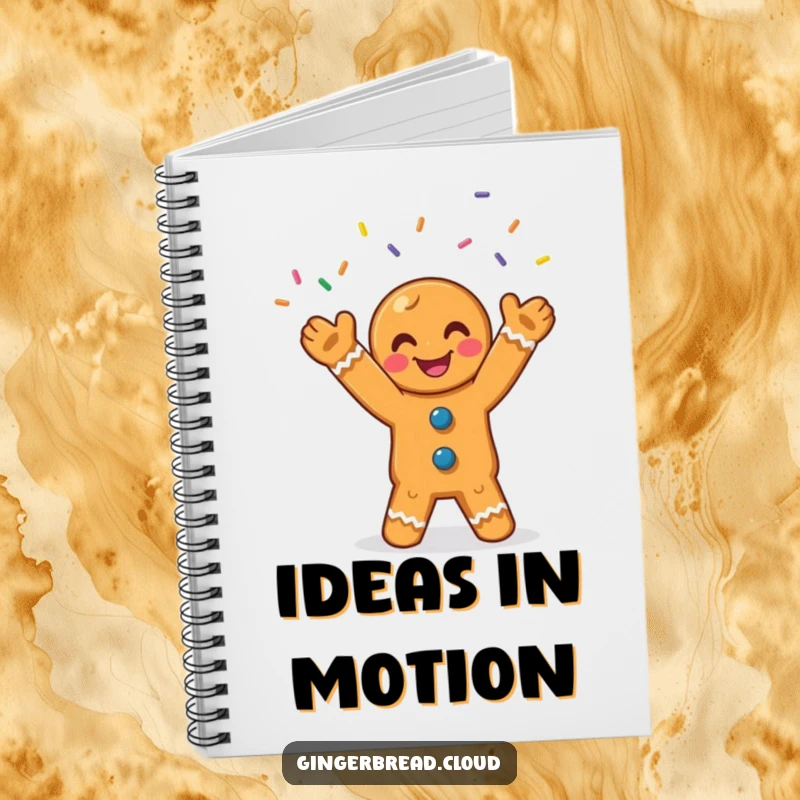 Funny gingerbread notebook with a smiling character joyfully juggling bright, colorful sprinkles, ideal for notes.